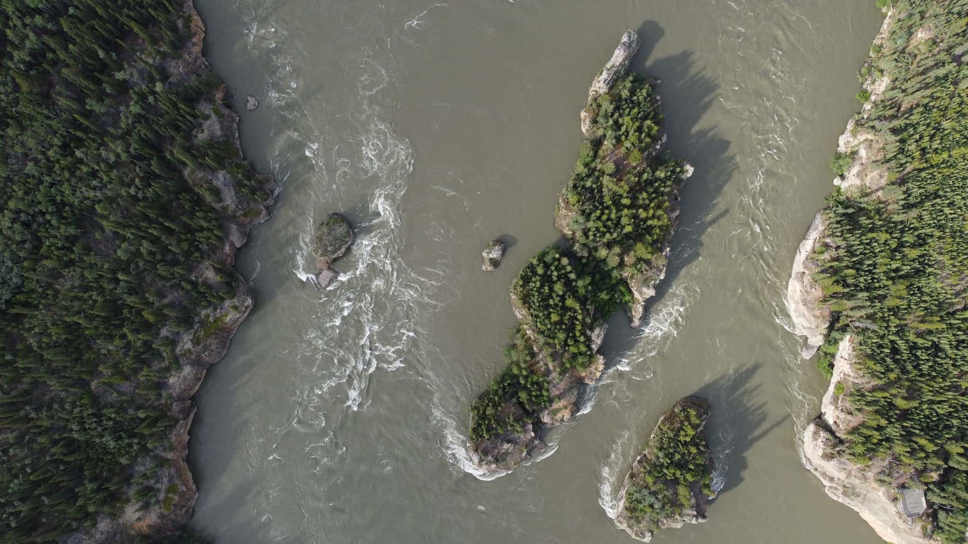 Aerial view of the Five Finger Rapids in the Yukon River