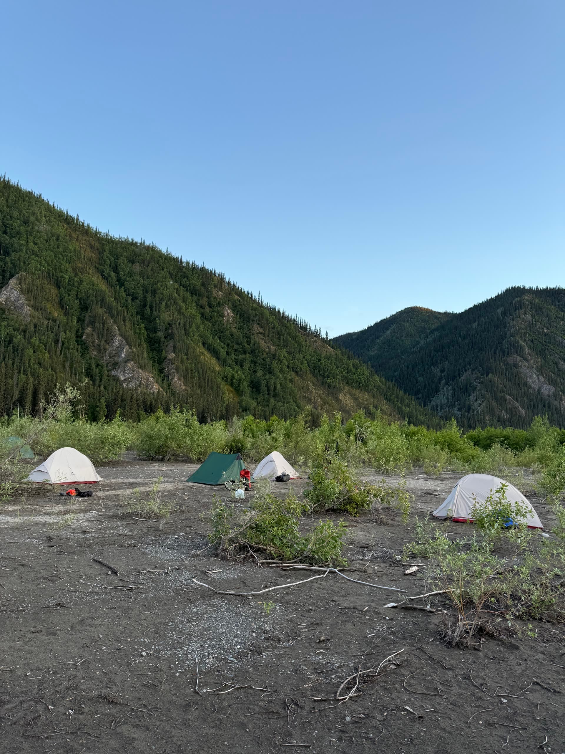Zeltlager in einem bewaldeten Tal am Yukon River