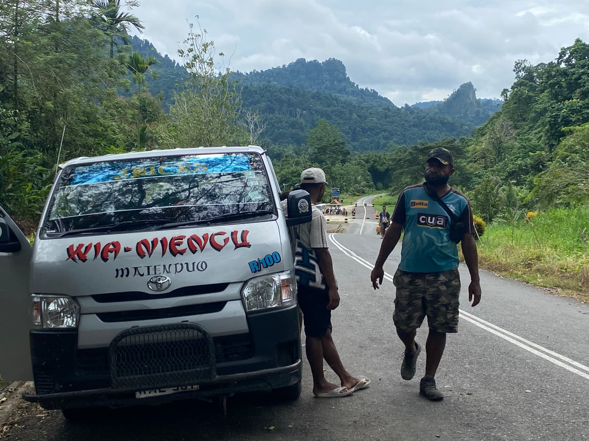 Painted minibus on a mountain road, forested karst peaks behind