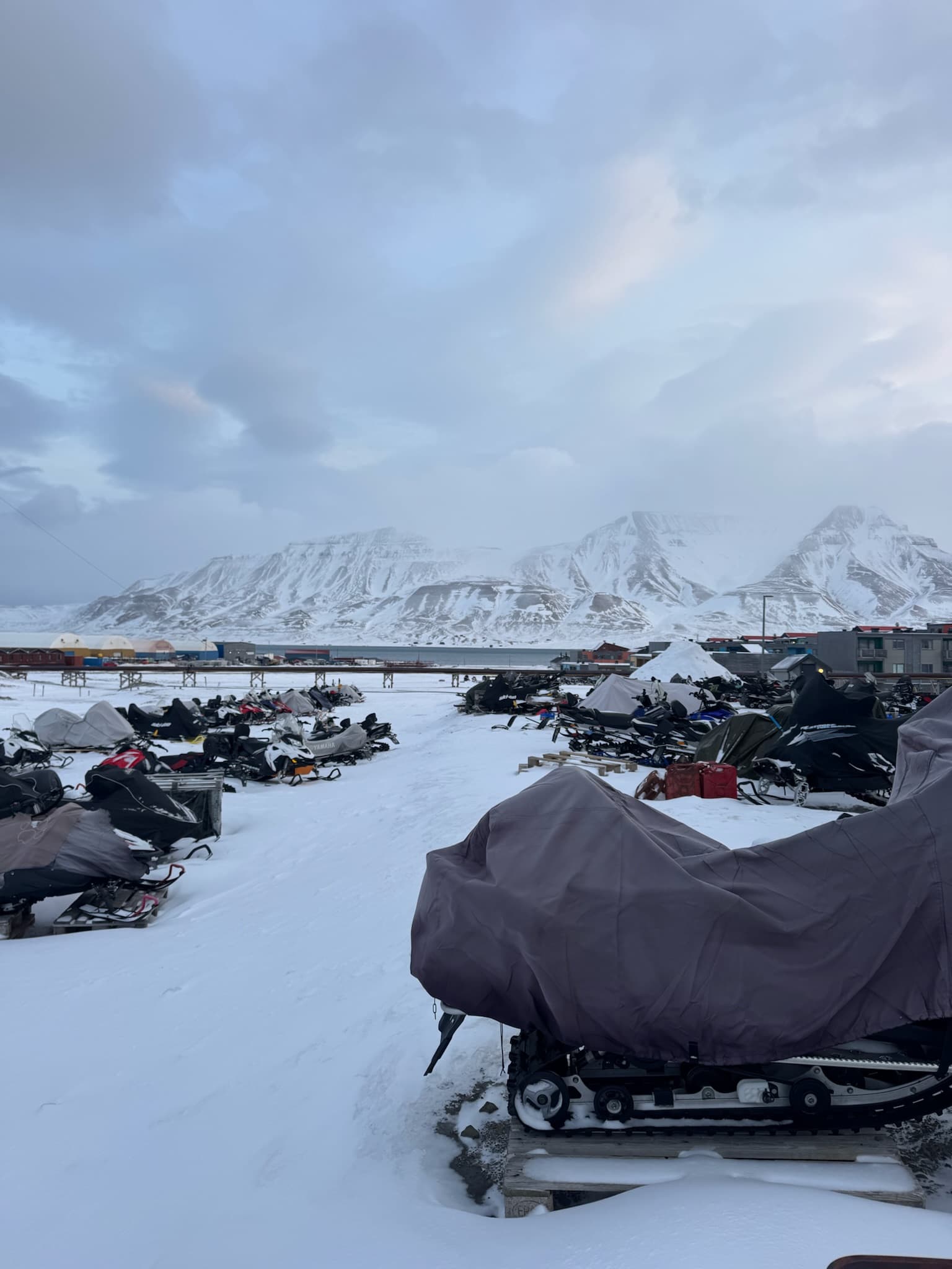 Rows of parked snowmobiles on the edge of Longyearbyen in front of snow-covered mountains